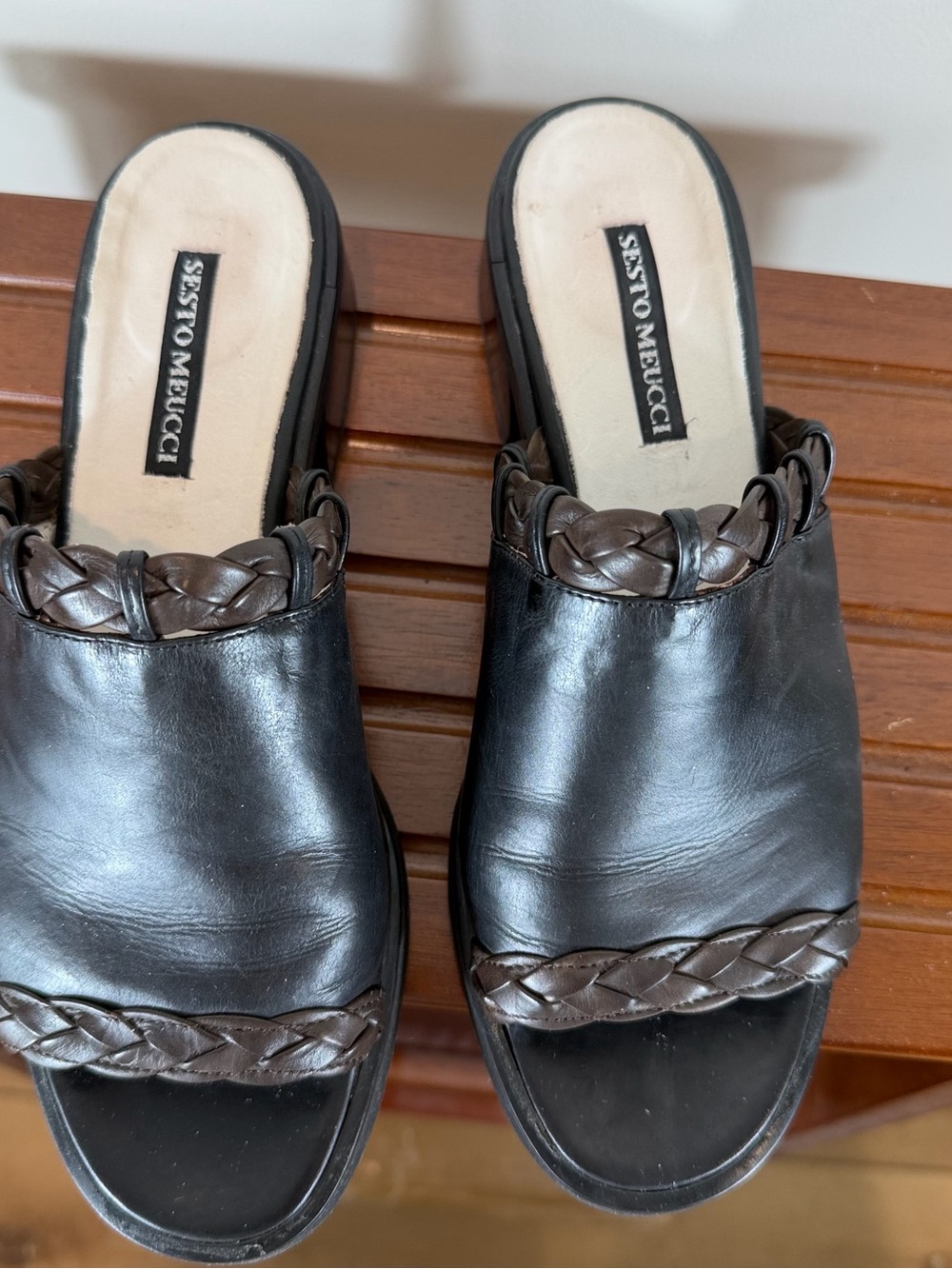 Sesto Meucci Black Leather Braided Mule Slides Size 8M